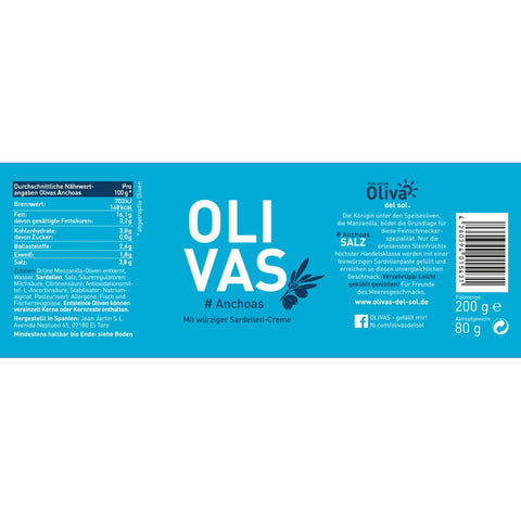 Manzanilla Oliven mit Sardellen-Creme - Olivas rellenas Anchoa 200g - OLIVAS - Spanien