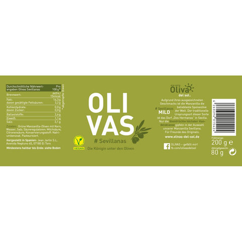 Manzanilla Oliven mit Stein - Olivas Sevillanas 200g - OLIVAS - Spanien
